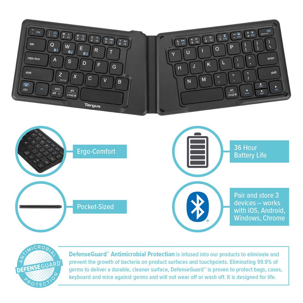 AKF003ES TARGUS                                                       | TECLADO ERGONOMICO TARGUS ANTIMICROBIANO PLEGABLE NEGRO                                                                                                                                                                                                   